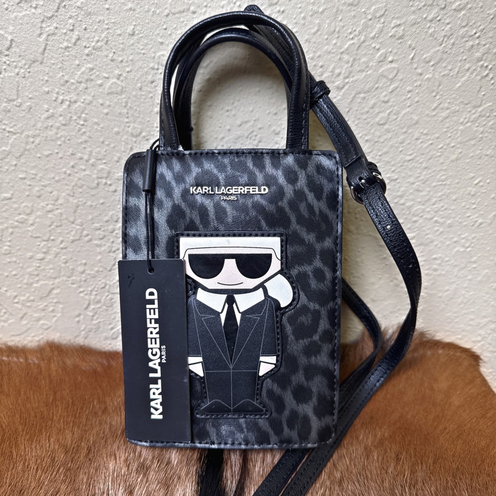 NWT $128 Karl Lagerfeld Maybelle Leopard Print Karl Ikonik Mini Cell Phone Bag